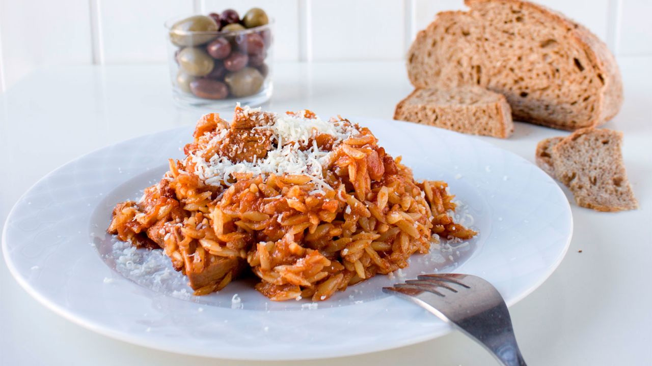 Beef youvetsi, a slow-cooked stew with tomato sauce and orzo pasta, is one of the most popular recipes on blog Eat Yourself Greek.