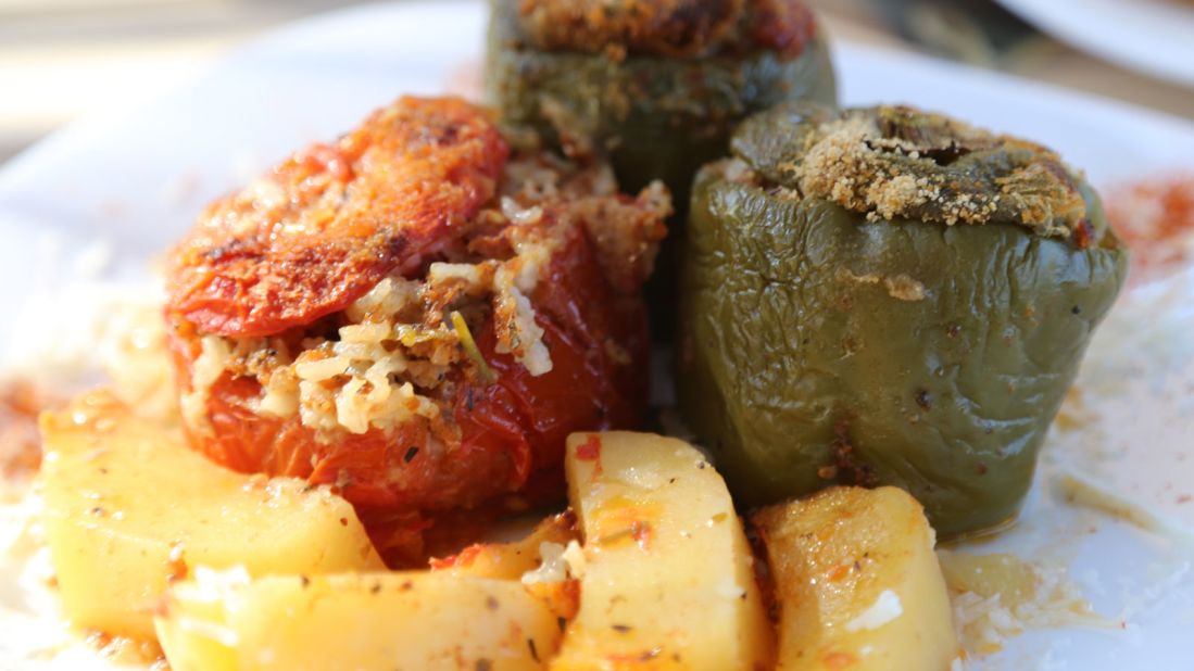 <strong>Cooking Economy by FT Bletsas: </strong>Gemista (tomatoes and peppers stuffed with rice) is one of the vlogger's favorite Greek food dishes.<br /><br /><a href="http://www.cnn.com/travel/destinations/greece">Hungry for more of Greece? Click here</a>