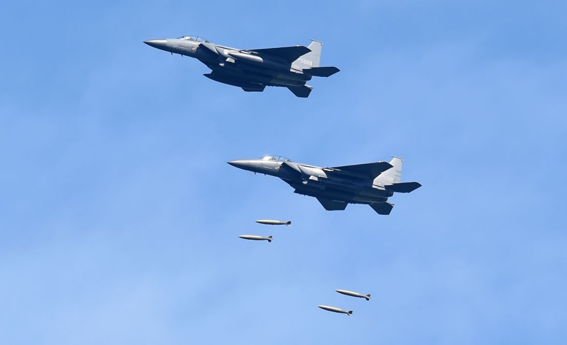 Two F-15K fighter jets dropping MK 84 bombs as part of a South Korean live-fire drill Tuesday morning.