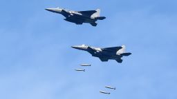 Two F-15K fighter jets dropping MK 84 bombs as part of a South Korean live-fire drill Tuesday morning.