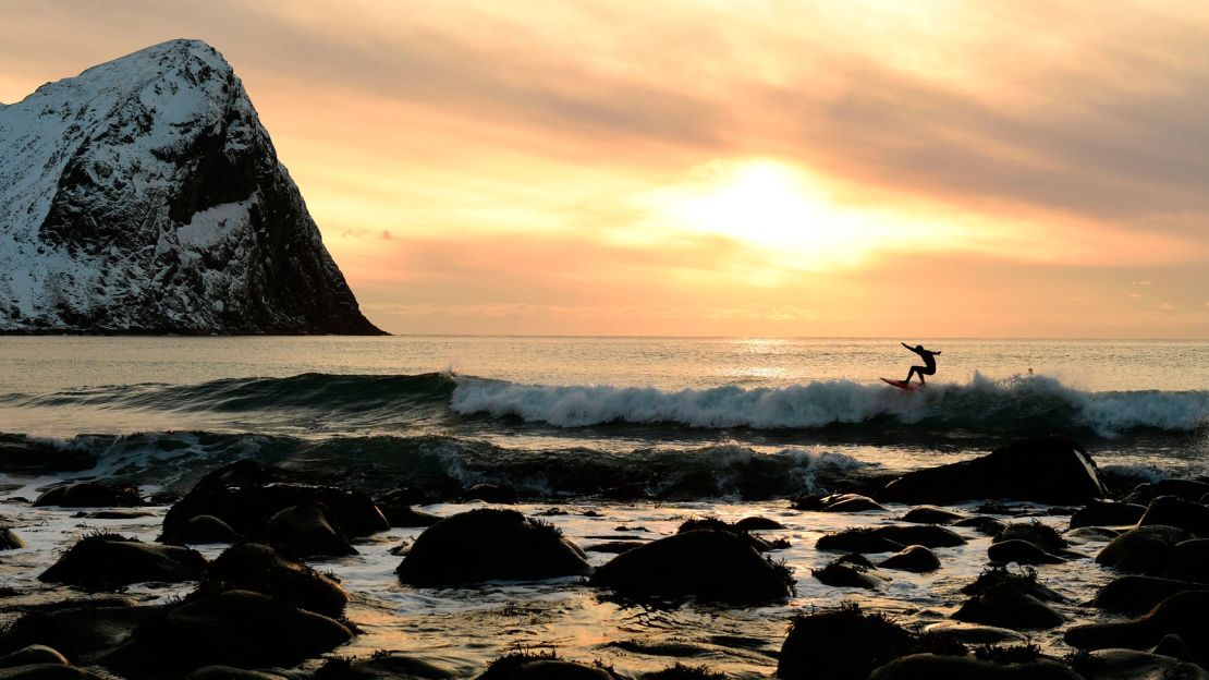 Unstad Beach in the Lofoten Islands is a popular destination for cold-water surfers.
