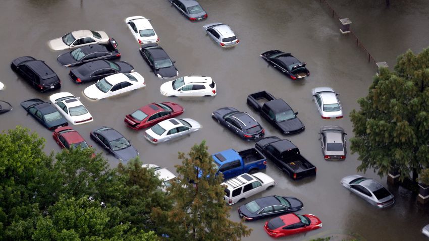 Floodwaters surround abandoned cars near the Addicks Reservoir in Houston on August 29.