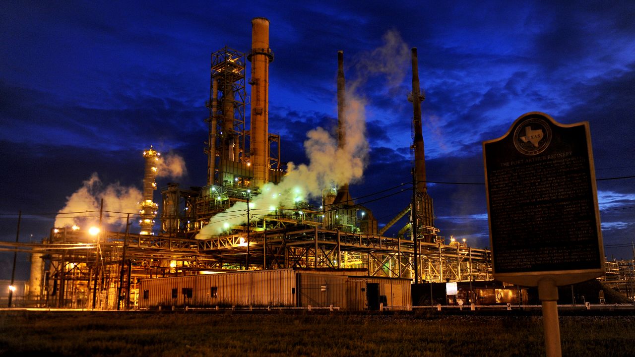 PORT ARTHUR, TEXAS - SEPT12: The Valero refinery works glow in the dusk light in Port Arthur, Texas. The state of Texas has placed a historical plaque noting that this area is near where the oil boom started in 1901.  Port Arthur, Texas is the end of the line for oil that would travel through the proposed Keystone XL Pipeline. (Photo by Michael S. Williamson/The Washington Post via Getty Images