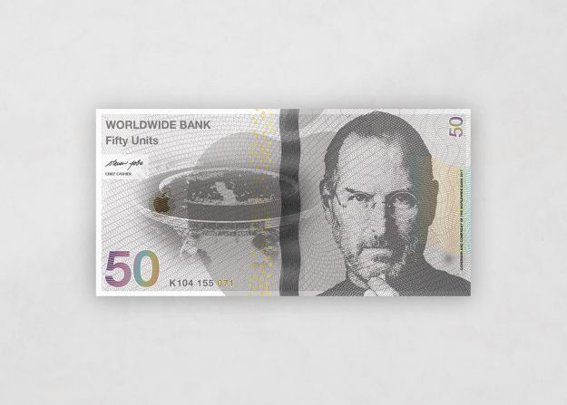 French artist Jade Dalloul imagines a future in which companies and corporations have become so influential that they have started issuing their own currencies, as seen with this note featuring late Apple CEO Steve Jobs.