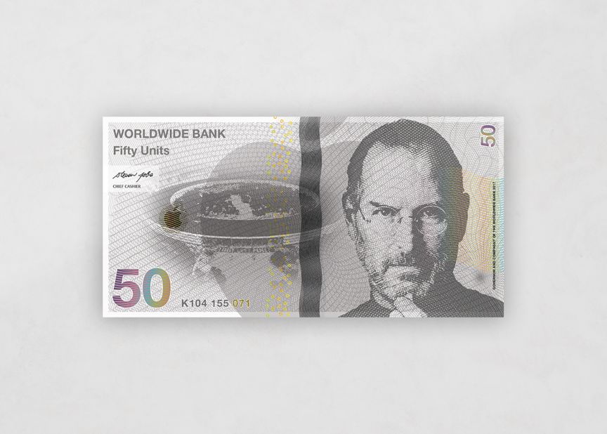 French artist Jade Dalloul imagines a future in which companies and corporations have become so influential that they have started issuing their own currencies, as seen with this note featuring late Apple CEO Steve Jobs.