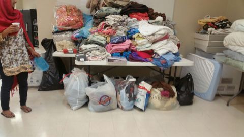 Clothing donations at the Brand Lane Islamic Center in Stafford, Texas, which is serving as a shelter.