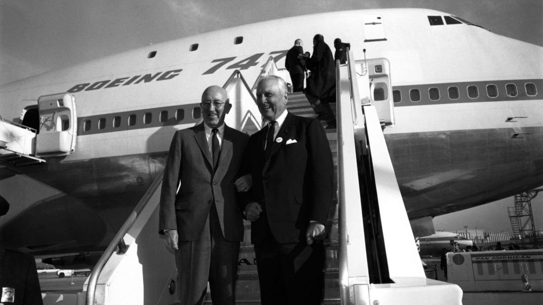 <strong>Birth of the 747: </strong>The 747 launched over 50 years ago. Boeing president Bill Allen and Pan Am CEO Juan Trippe (right) celebrate the Boeing 747's rolling-out ceremony in 1968.