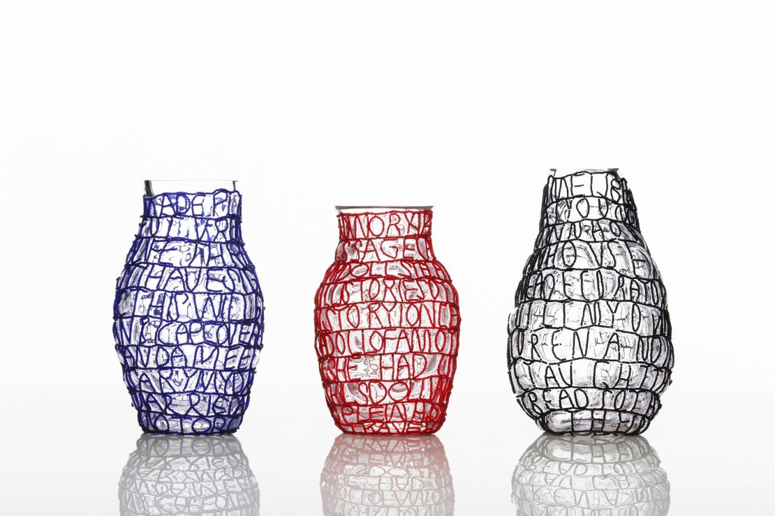 Based on a traditional Zulu craft whereby glass beads are threaded onto wire, these vases feature written testimonials of five South African women.