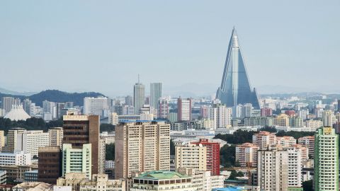 The Ryugyong Hotel dominates the Pyongyang skyline. 
