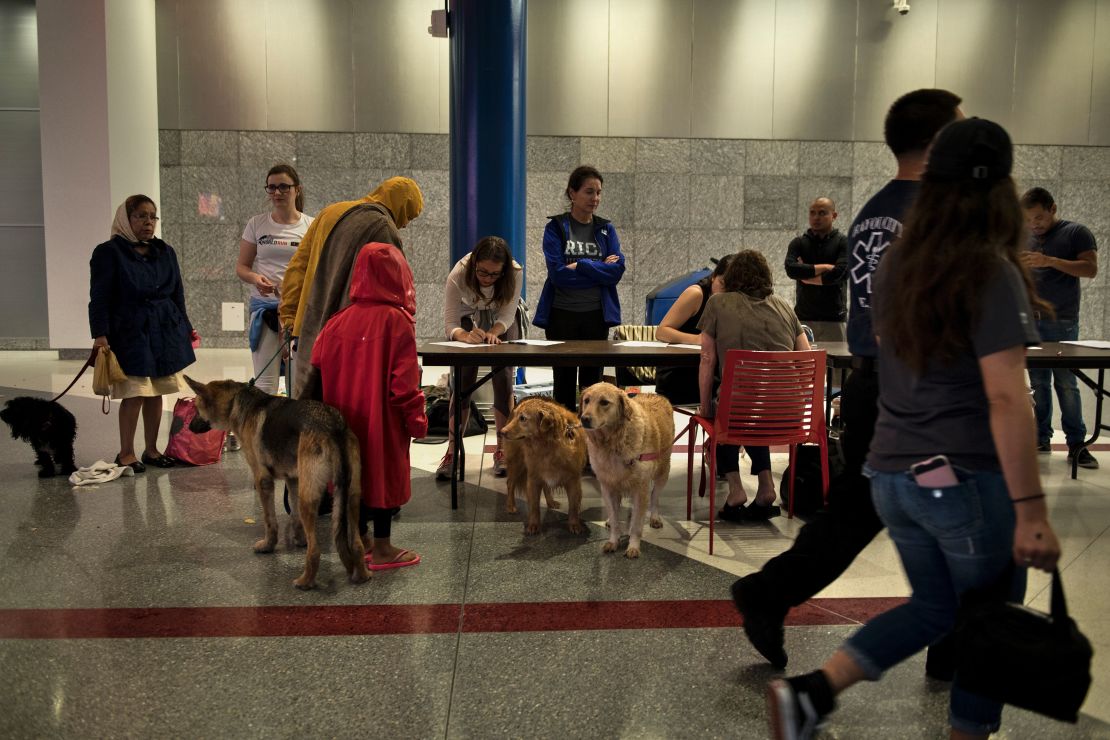 Evacuees have been able to bring their pets to a temporary shelter in downtown Houston's George R. Brown Convention Center, which has more than 10,000 people.