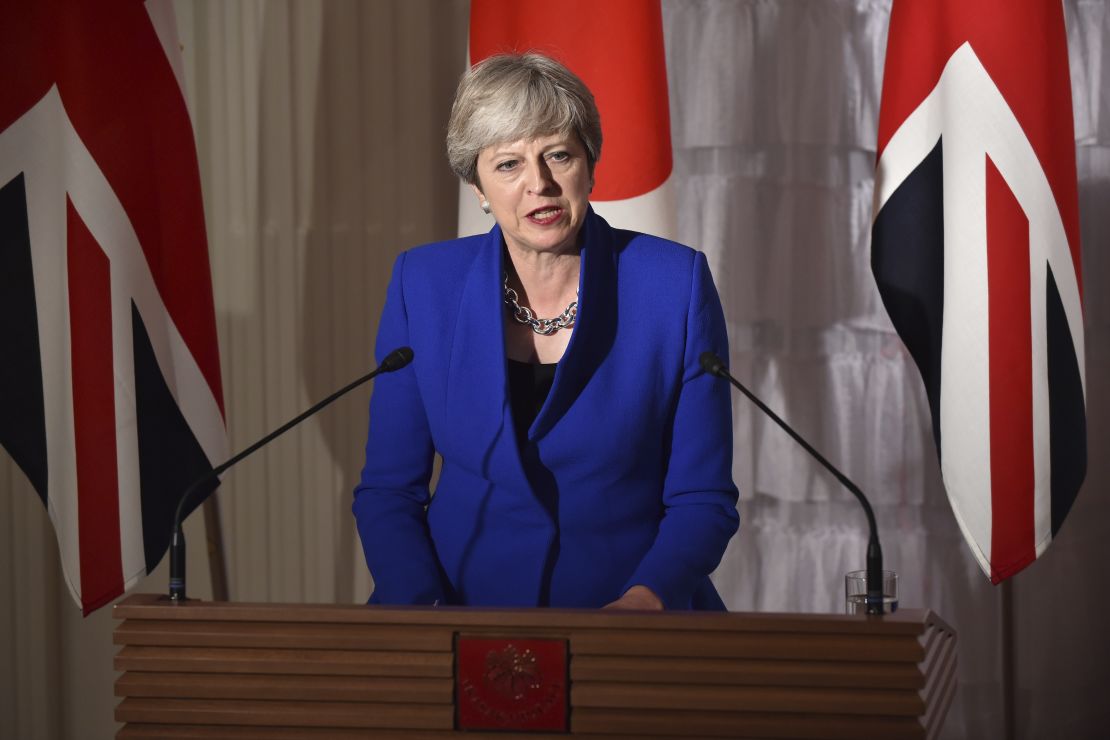 British Prime Minister Theresa May speaks at a press conference in Tokyo on Thursday.