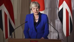 British Prime Minister Theresa May speaks during a joint press conference with Japanese counterpart Shinzo Abe, not in picture, at the state guest house in Tokyo Thursday Aug. 31, 2017. (Kazuhiro Nogi/Pool Photo via AP)