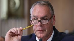 WASHINGTON, DC:  Interior Secretary Ryan Zinke listens to a question during a Senate Energy and Natural Resources Committee hearing on Capitol Hill, on June 20, 2017 in Washington, DC. The committee heard testimony on U.S. President Donald Trump's proposed FY2018 budget request for the Interior Department.  (Mark Wilson/Getty Images)