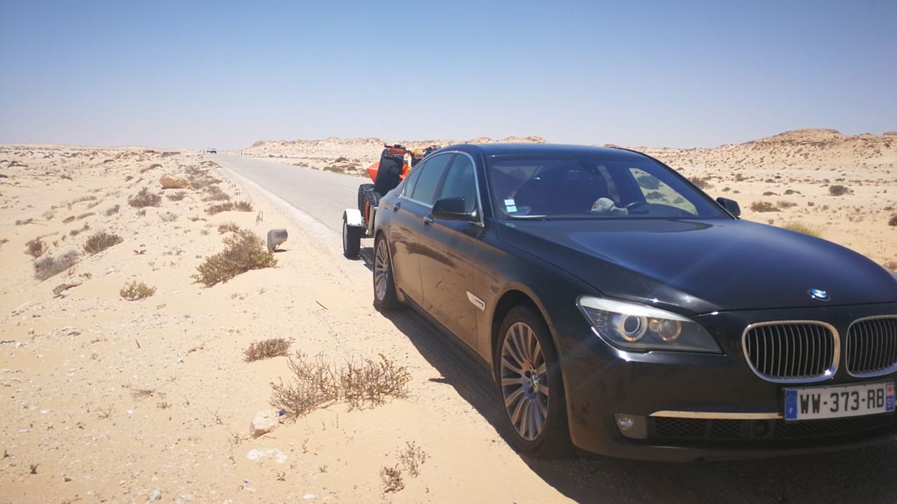 Donkoh's BMW on the road in Mauritania. 