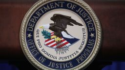 The Justice Department seal is seen on the lectern during a Hate Crimes Subcommittee summit on June 29, 2017 in Washington, DC. 