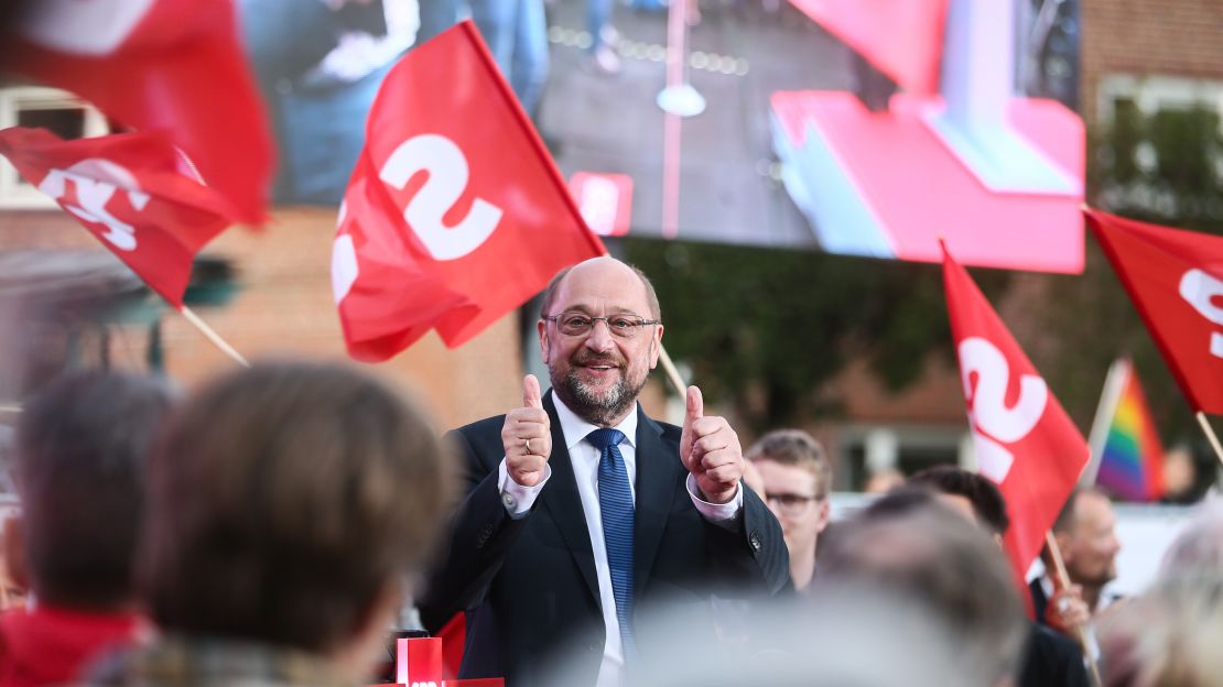 Chancellor candidate Martin Schulz speaks at a demonstration in Hamburg, Germany on August 31.