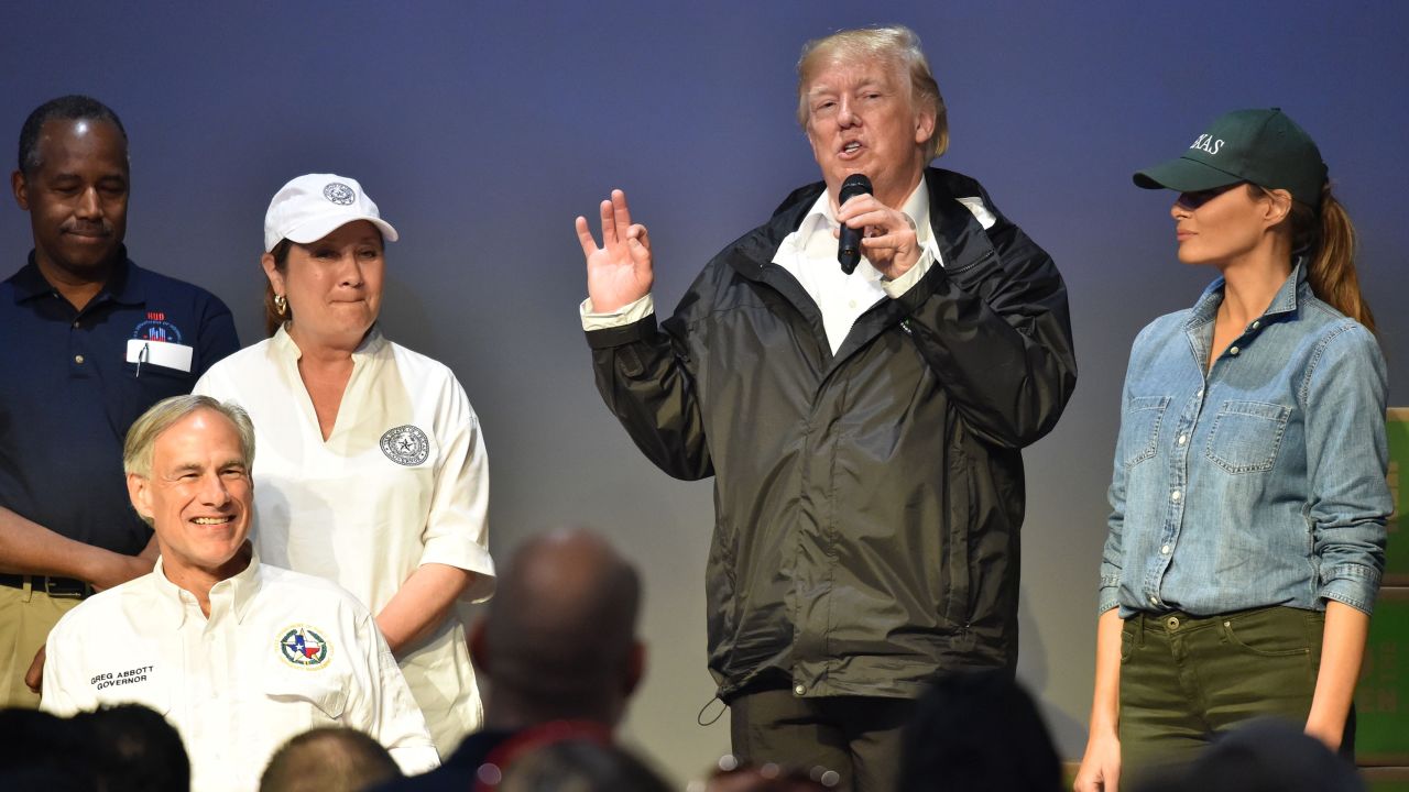 President Donald Trump speaks to volunteers at the First Church of Pearland while visiting areas affected by Hurricane Harvey on September 2.