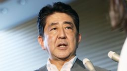 Japan's Prime Minister Shinzo Abe speaks to the reporters following the report that North Korea is believed to have conducted its sixth nuclear test,  at the prime minister's official residence in Tokyo, Sunday, Sept. 3, 2017. South Korea's Yonhap News agency reported Joint Chief of Staff's announcement Sunday about an hour after an unusual seismic activity was detected in North Korea near the site it had conducted nuclear tests in the past. (Takaki Yajima/Kyodo News via AP)