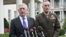 US Defense Secretary James Mattis (L) speaks to the press with Gen. Joseph Dunford, chairman of the Joint Chiefs of Staff, about the situation in North Korea at the White House in Washington, DC, on September 3, 2017.
The US will launch 'massive military response' to any threat from Pyongyang, Mattis said. US President Donald Trump on Sunday denounced North Korea's detonation of what it claimed was a hydrogen bomb able to fit atop a missile, saying the time for "appeasement" was over and threatening drastic economic sanctions. / AFP PHOTO / NICHOLAS KAMM        (Photo credit should read NICHOLAS KAMM/AFP/Getty Images)