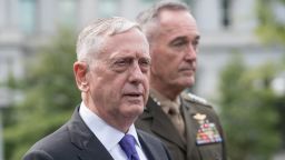 US Defense Secretary James Mattis (L) and Gen. Joseph Dunford, chairman of the Joint Chiefs of Staff, arrive to speak to the press about the situation in North Korea at the White House in Washington, DC, on September 3, 2017.The US will launch 'massive military response' to any threat from Pyongyang, Mattis said. US President Donald Trump on Sunday denounced North Korea's detonation of what it claimed was a hydrogen bomb able to fit atop a missile, saying the time for "appeasement" was over and threatening drastic economic sanctions. / AFP PHOTO / NICHOLAS KAMM        (Photo credit should read NICHOLAS KAMM/AFP/Getty Images)