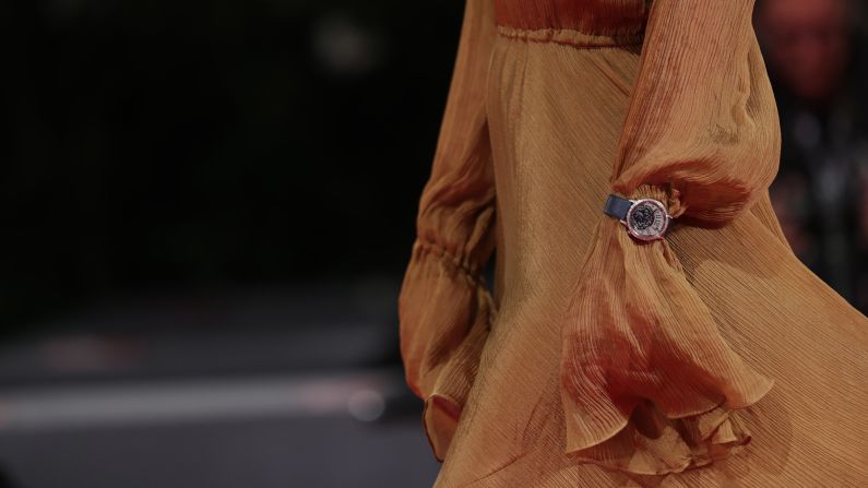 A detail shot of blogger Margaret Zhang's attire on the red carpet. 