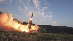 In this photo provided by South Korea Defense Ministry, South Korea's Hyunmoo II ballistic missile is fired during an exercise at an undisclosed location in South Korea, Monday, Sept. 4, 2017.