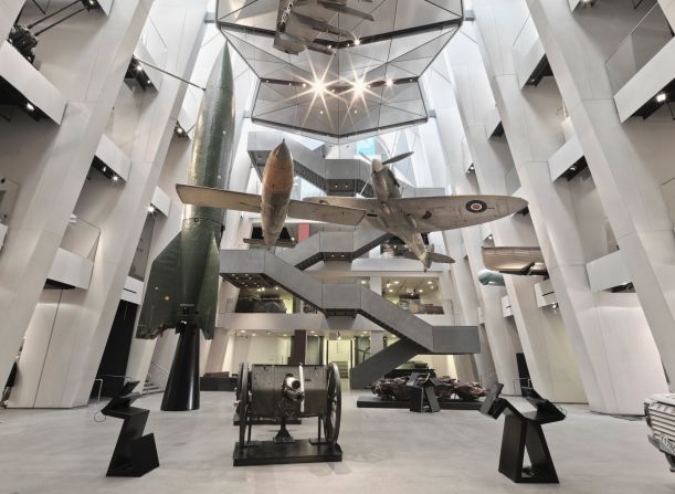 <strong>Imperial War Museum:</strong> Historic aircraft soar in the atrium of the Imperial War Museum. The museum chronicles wars from WWI to present-day conflicts.