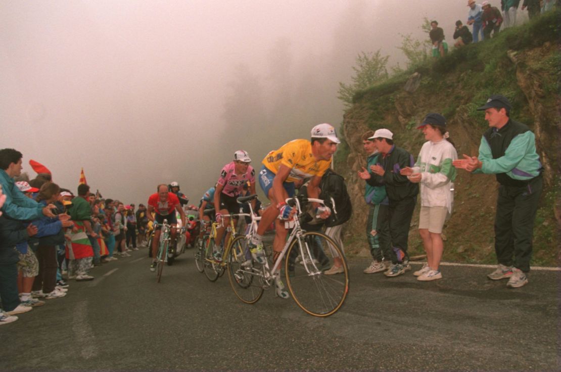 Miguel Indurain, pictured in the yellow jersey, is shown competing in the 1995 Tour de France.