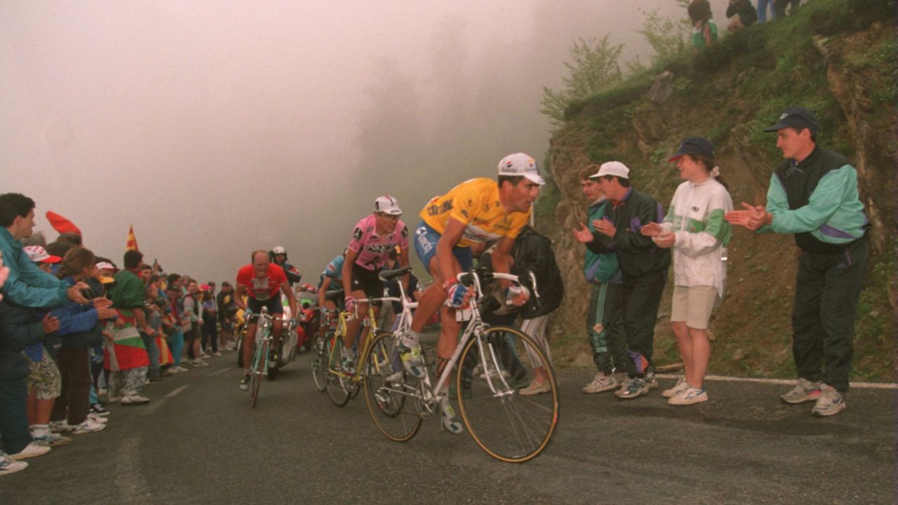 Miguel Indurain, pictured in the yellow jersey, is shown competing in the 1995 Tour de France.