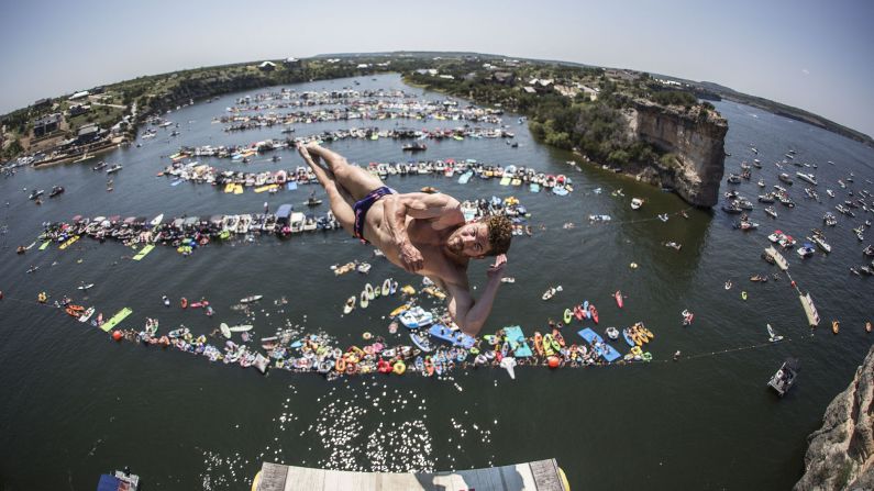 David Colturi leaps over Texas' Possum Kingdom Lake as he competes in the Red Bull Cliff Diving World Series on Sunday, September 3.