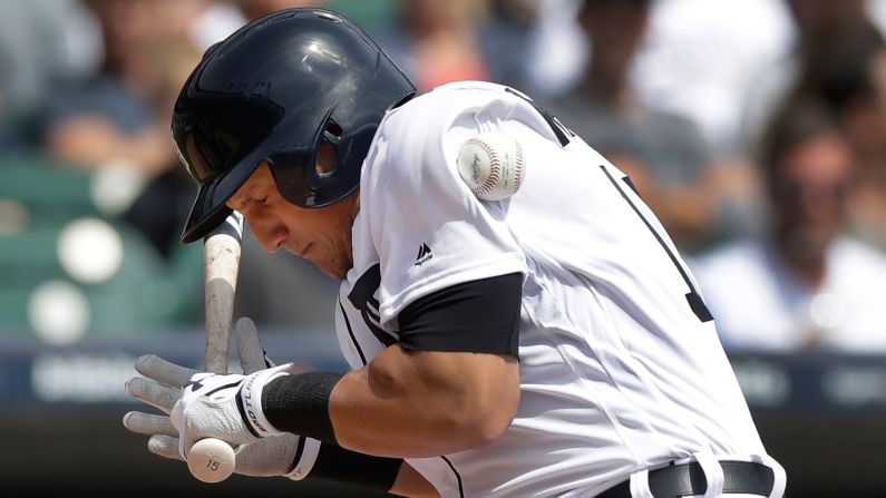 Detroit outfielder Mikie Mahtook is hit by a pitch during a game against Cleveland on Friday, September 1.