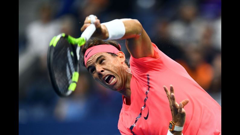 Rafael Nadal serves the ball during his first-round match at the US Open on Tuesday, August 29.