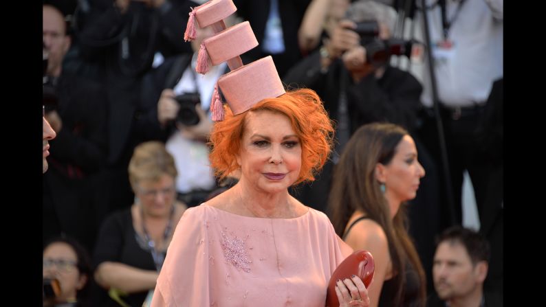 Italian socialite, writer and actor Marina Ripa Di Meana is renowned for her hats. Past pieces have included a bird cage and a giant spider. This year she attended the festival donning a hat shaped like a three-tiered cake. 