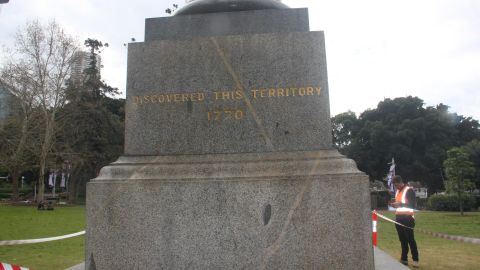Captain Cook's statue in Hyde Park is etched with the words "discovered this country 1770."