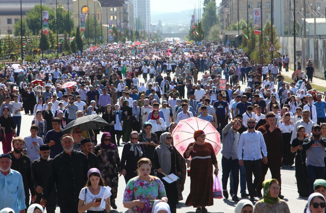 Local residents attend a mass protest in Chechnya's provincial capital Grozny, Russia, on Monday.