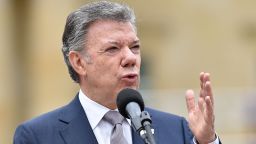 Colombian President Juan Manuel Santos delivers a speech during the official launching of Pope Francis' visit to the country, at the Narino presidential palace in Bogota on August 28, 2017.
Pope Francis will make a four-day visit to Colombia, from September 6-11, to add his weight to the process of reconciliation between the government and the Revolutionary Armed Forces of Colombia (FARC).  / AFP PHOTO / John VizcainoJOHN VIZCAINO/AFP/Getty Images