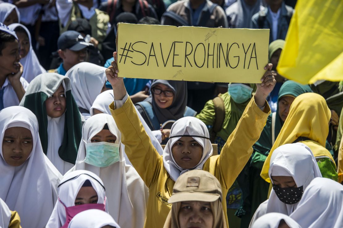 Indonesian activists protest against Myanmar in Surabaya, Indonesia's second-largest city, on Tuesday.