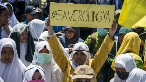 Indonesians protest against Myanmar and in support of the Rohingya, in the city of Surabaya earlier this month.