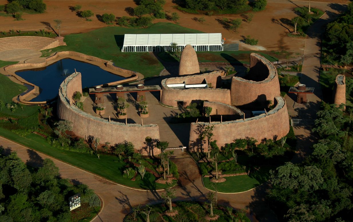 The club's gate house entrance is pictured from an aerial view.