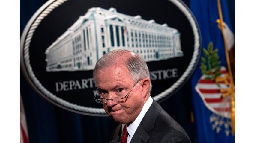 US Attorney General Jeff Sessions speaks at the US Department of Justice during an announcement about leaking of classified information on August 4, 2017 in Washington, DC.
US Attorney General Jeff Sessions on Friday condemned the 'staggering number' of leaks emanating from President Donald Trump's administration, as he vowed a crackdown on people revealing classified or sensitive national security information. / AFP PHOTO / Brendan Smialowski        (Photo credit should read BRENDAN SMIALOWSKI/AFP/Getty Images)