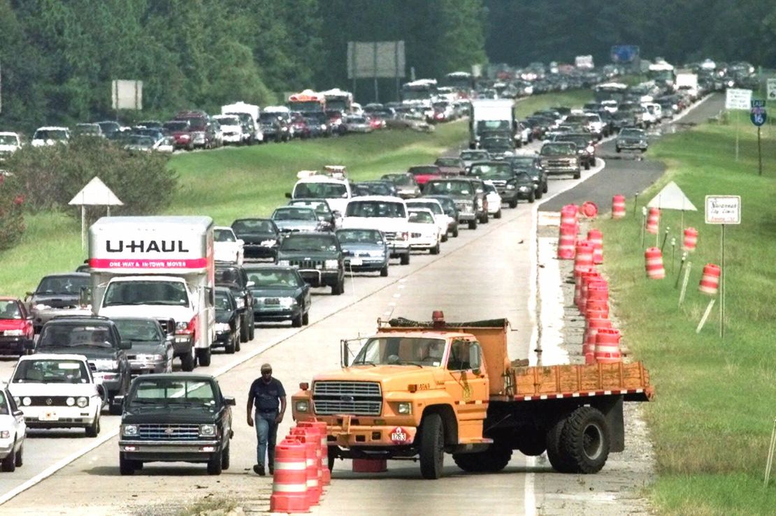 Traffic in all four lanes of I-16 westbound comes to a crawl as people evacuate the coast outside Savannah, Georgia, on September 14, 1999, ahead of Hurricane Floyd.