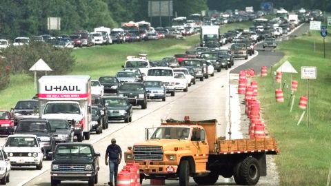 Traffic in all four lanes of I-16 westbound comes to a crawl as people evacuate the coast outside Savannah, Georgia, on September 14, 1999, ahead of Hurricane Floyd.