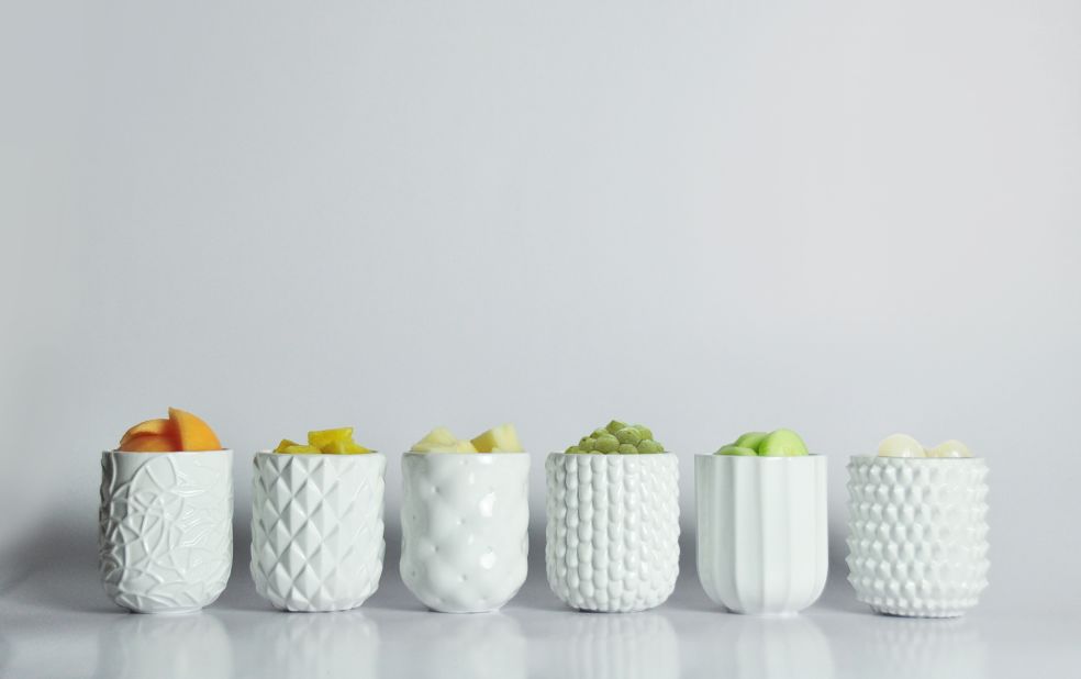 The cups' surfaces were inspired by the texture of six different fruits and vegetables that are commonly found in Taiwan. (Fruit & Vegetable Peels Cups © 2012 Vii Chen/HNH LIVING)