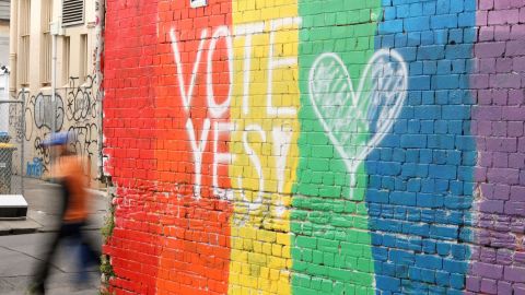 A wall painted with the rainbow flag and a message "Vote Yes" is seen in Newtown on August 28, 2017 in Sydney, Australia.