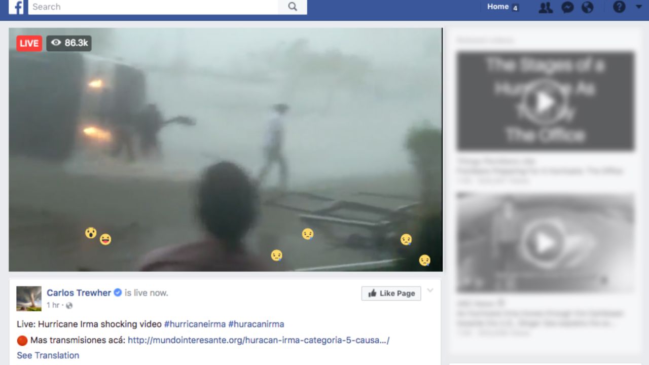 This Facebook page purports to show "live" footage of Hurricane Irma.