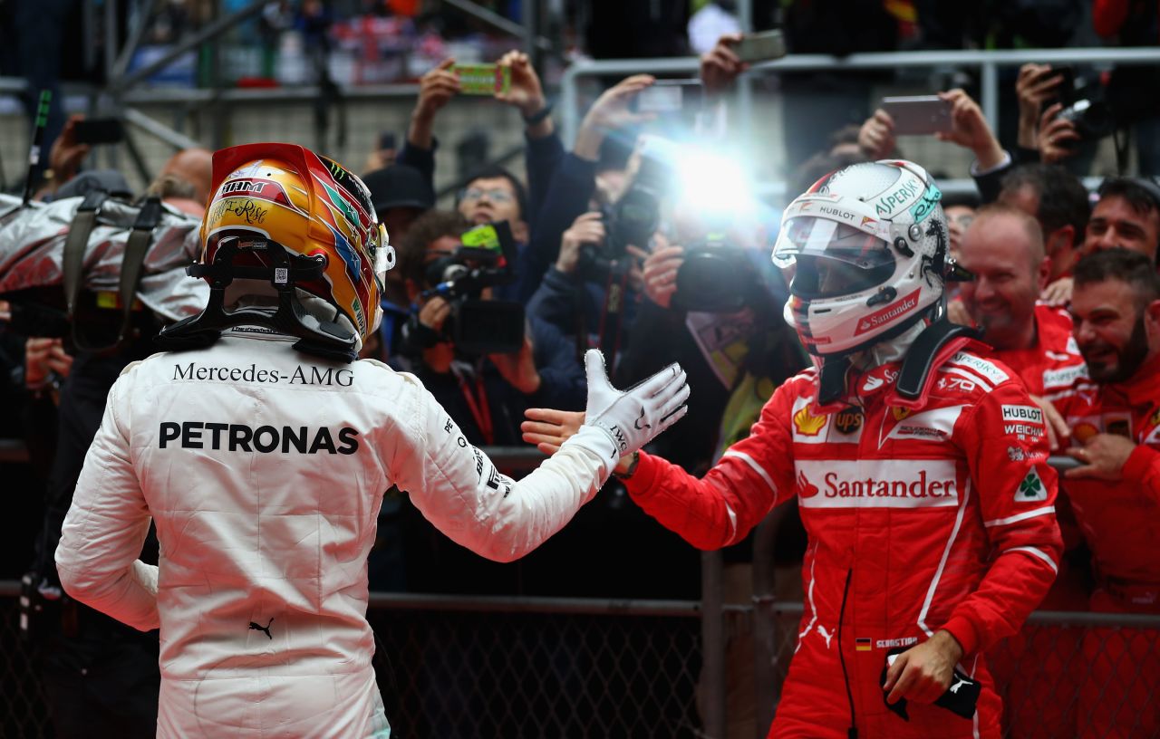 Lewis Hamilton (left) and Sebastian Vettel have been battling on track all season. Click through the gallery to see how the 2017 Formula One season has played out.  