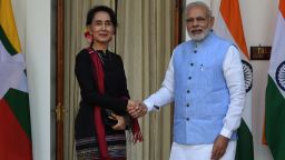 Indian Prime Minister Narendra Modi (R) shakes hand with Myanmar State Counsellor Aung San Suu Kyi before a meeting in New Delhi on October 19, 2016. / AFP / MONEY SHARMA        (Photo credit should read MONEY SHARMA/AFP/Getty Images)