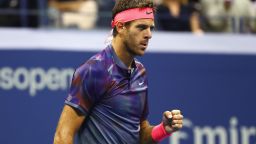 NEW YORK, NY - SEPTEMBER 06:  Juan Martin del Potro of Argentina celebrates after winning the first set against Roger Federer of Switzerland during their Men's Singles Quarterfinal match on Day Ten of the 2017 US Open at the USTA Billie Jean King National Tennis Center on September 6, 2017 in the Flushing neighborhood of the Queens borough of New York City.  (Photo by Al Bello/Getty Images)