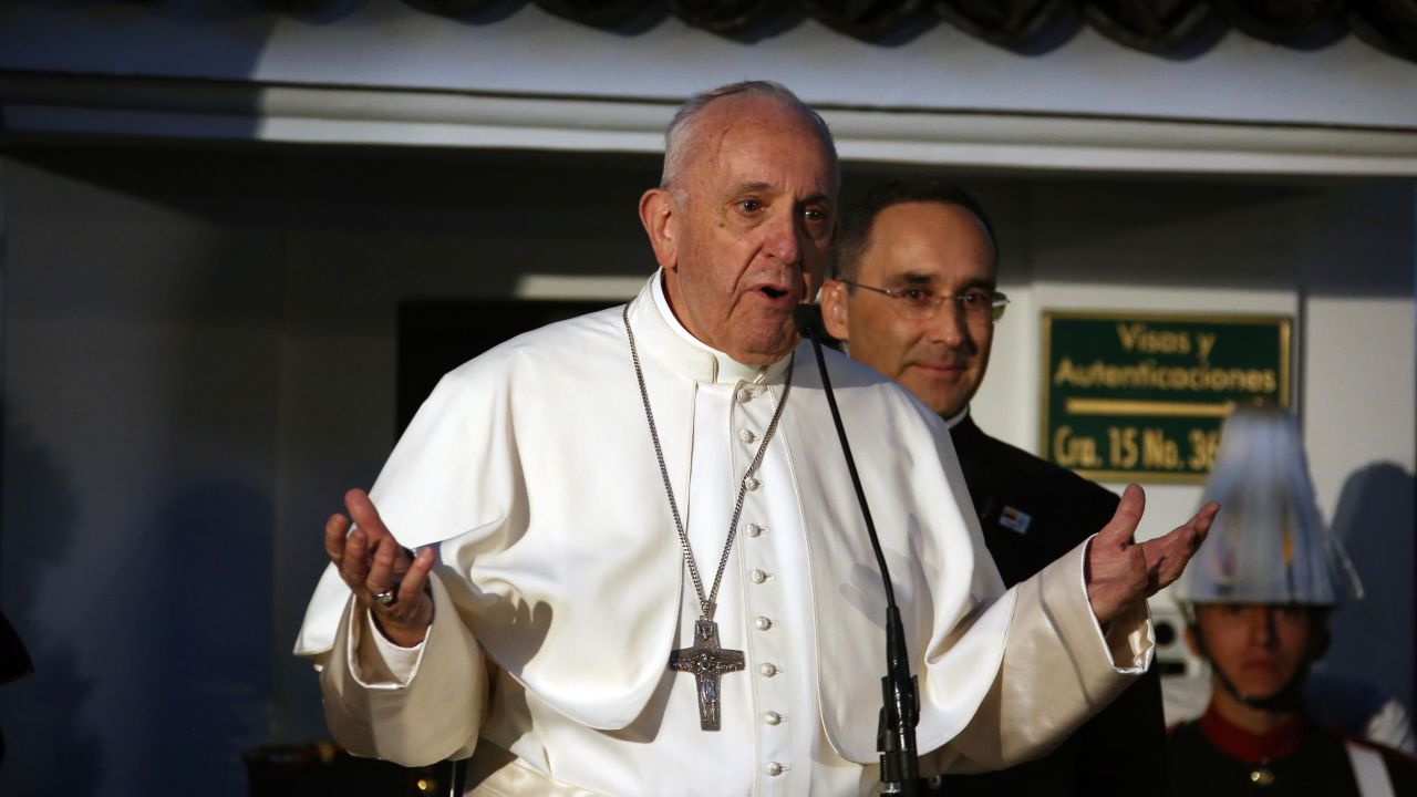 Francis addresses a welcoming ceremony as he arrives in Bogota on Wednesday, September 6.