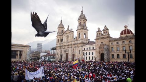 Crowds gather in Bogota's Bolivar Square as they wait for Pope Francis on September 7. The Pope and Vatican diplomacy have worked for several years to help Colombia achieve peace.